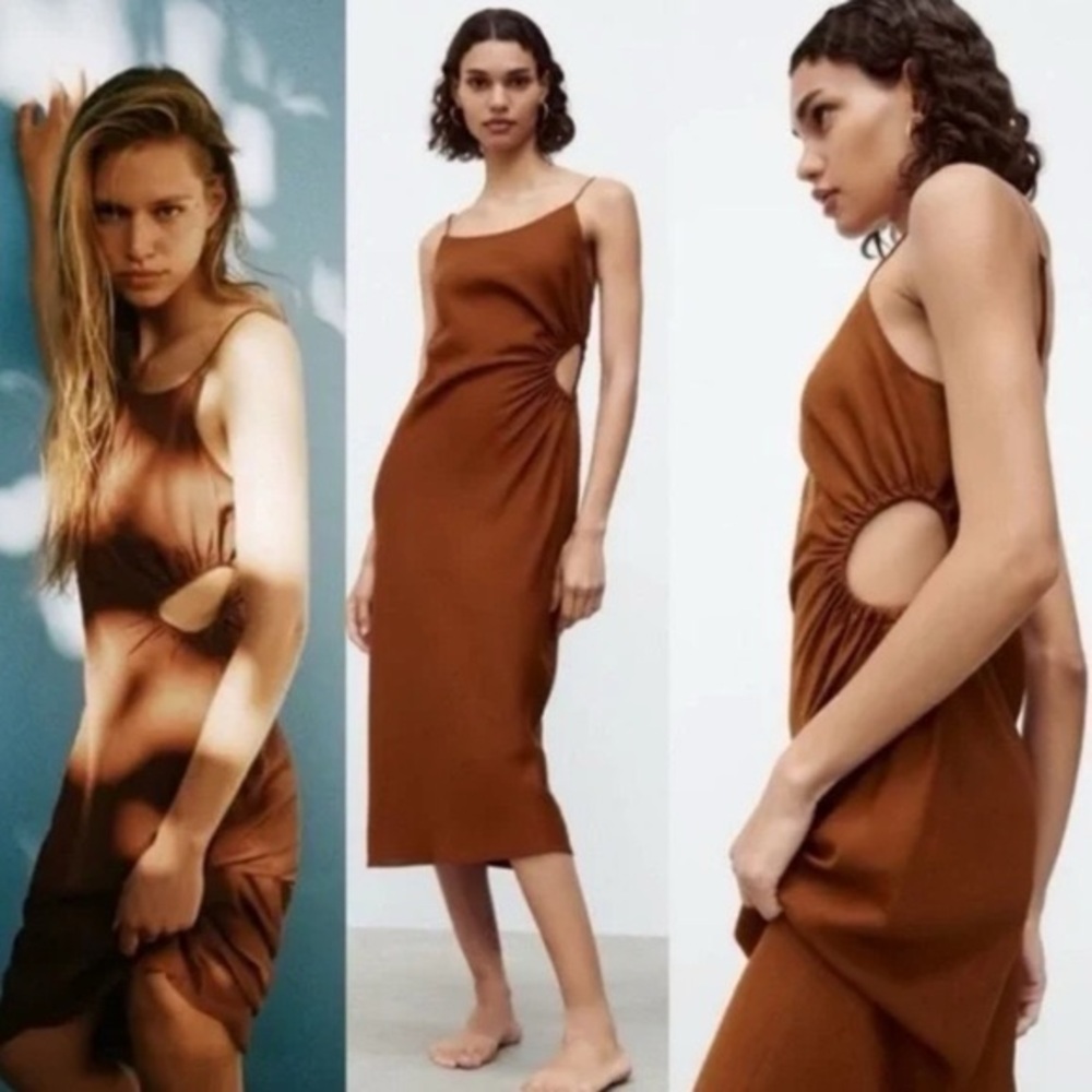ZARA Linen Brown Cutout Slip Midi Dress